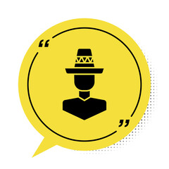 Black Mexican man wearing sombrero icon isolated on white background. Hispanic man with a mustache. Yellow speech bubble symbol. Vector.