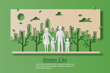 Obraz premium Landscape with family enjoy fresh air in the park, save the planet and energy concept, paper illustration, and 3d paper.