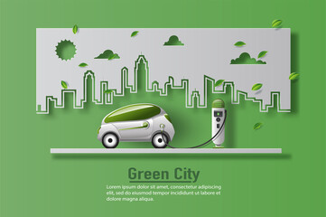 Electric car with EV charger station in a modern city, save the planet and energy concept, paper illustration, and 3d paper.