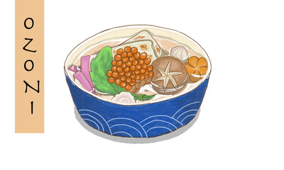 Ozoni, Japanese new year mocha soup in a bowl on white backgroung. Isolate close up asian food hand drawing with chalk color illustration