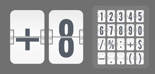 Vector Numeric template for time design. Set of flip scoreboard with numbers and symbols for white countdown timer or alarm watch on dark background.