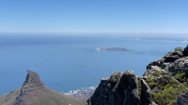 Table Mountain One of the Seven Wonders of Nature aerial view of Robben Island where Nelson Mandela was in prison and Lions Head