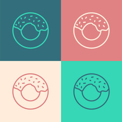 Pop art line Donut with sweet glaze icon isolated on color background. Vector.