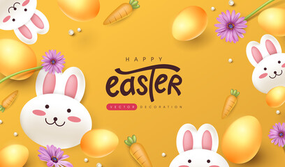 Easter greeting card background with cute rabbit and colored easter eggs. 