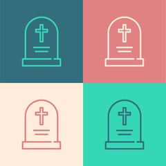 Pop art line Tombstone with cross icon isolated on color background. Grave icon. Happy Halloween party. Vector.