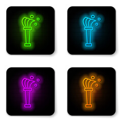 Glowing neon line Aspergillum icon isolated on white background. Black square button. Vector.