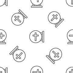 Grey line Christian cross icon isolated seamless pattern on white background. Church cross. Vector.