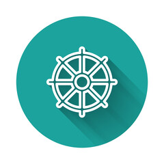 White line Dharma wheel icon isolated with long shadow background. Buddhism religion sign. Dharmachakra symbol. Green circle button. Vector.
