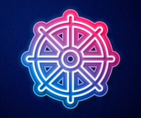 Glowing neon line Dharma wheel icon isolated on blue background. Buddhism religion sign. Dharmachakra symbol. Vector.