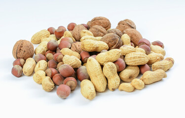 Blend nuts on white background. The concept of proper nutrition.