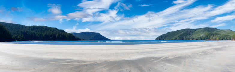Beautiful panoramic view of sandy beach on Pacific Ocean Coast. Cloudy Blue Sky Art Render. Taken in San Josef Bay, Cape Scott Provincial Park, Northern Vancouver Island, BC, Canada.