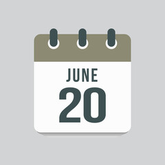Icon day date 20 June, template calendar page