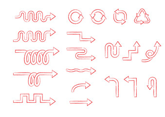 いろんな形の矢印の素材セット　赤いクレヨンで描いた手描き風