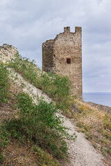 Fototapeta na wymiar The tower of Crisco (Christ tower) in the Genoese fortress in Feodosia, XIV century, Eastern Crimea. 