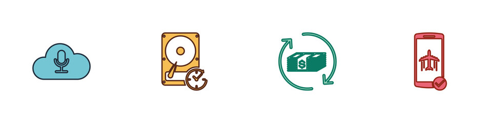 Set Music streaming service, Hard disk drive with clockwise, Refund money and Flight mode the mobile icon. Vector.
