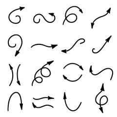 Arrow icons.Vector set on an isolated white background. Doodle illustrations of hand-drawn elements of directions for the design and organization of social networks, stickers, and printing.