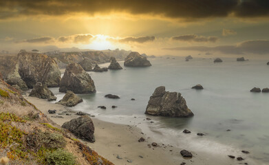 Beautiful landscape, rocks and ocean views along the Pacific Highway in northern California.