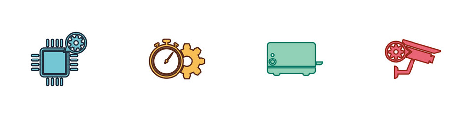 Set Processor setting, Time management, Toaster and Security camera icon. Vector.