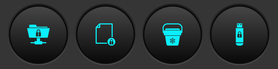 Set FTP folder and lock, Document, Cooler bag and USB flash drive with icon. Vector.