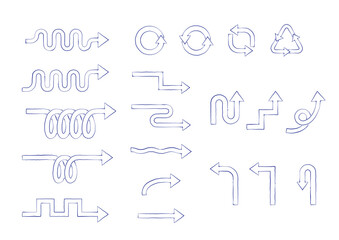 いろんな形の矢印の素材セット　万年筆のインクで手描きしたような矢印　線画