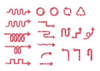 いろんな形の矢印の素材セット　赤いクレヨンでざっくり手描きしたような雰囲気