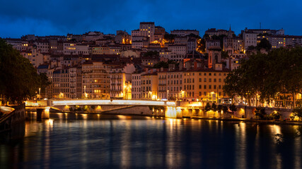view of the river rhone and city of Lyon at twilight