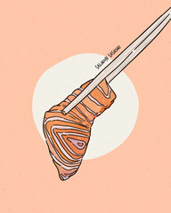 Hand holding salmon sashimi using chopsticks - Raw fresh salmon sliced, Japanese food. Hand draw sketch vector.