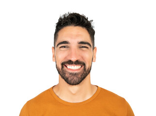 Obraz premium Young man smiling against white background.