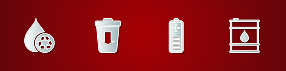 Obraz premium Set Recycle clean aqua, Send to the trash, Battery charge level indicator and Oil barrel icon. Vector.