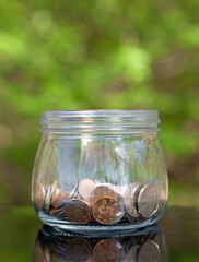 Glass jar with coins on green background