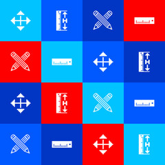 Set Pixel arrows in four directions, Measuring height and length, Crossed pencil and Ruler icon. Vector.