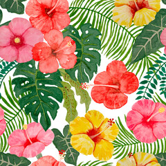 Hibiscus Flower watercolor seamless pattern coloerful flowers blossom