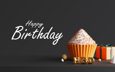 Happy birthday design with gift box , cup cake on dark blackground. 3d rendering