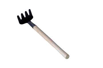 Steel rake with wooden handle isolated on white background Clipping path.