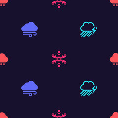Set Cloud with rain and lightning, Windy weather, Snowflake and snow on seamless pattern. Vector.