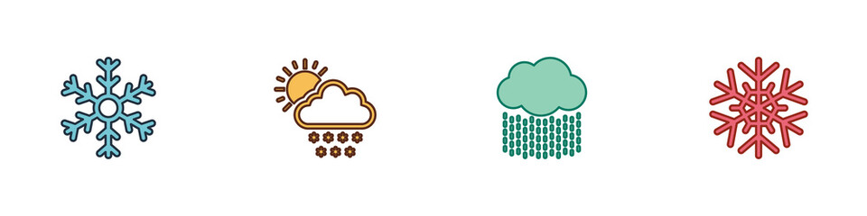Set Snowflake, Cloud with snow and sun, rain and icon. Vector.