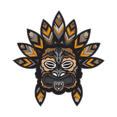 A face with feathers in the Polynesian style. Maori or samoa tattoo. Good for prints. Isolated, vector