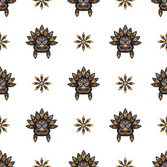 Seamless pattern with Indian faces. A head with feathers in the Polynesian style. Good for prints. Isolated, vector