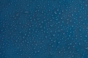 Drops abstract texture. Wet water on blue glass background. Bubble pattern.