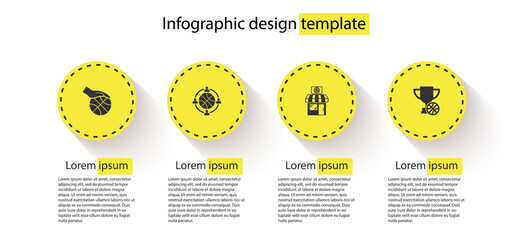 Set Hand with basketball ball, Planning strategy, Sports shop and Award cup. Business infographic template. Vector.