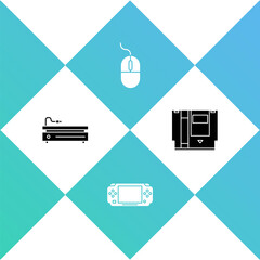 Set Video game console, Portable video, Computer mouse and Cartridge icon. Vector.