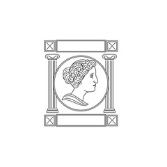 Mono line illustration of a one of the nine Greek muse in ancient Greek mythology viewed from side with pillar or column set inside circle done in black and white monoline style.