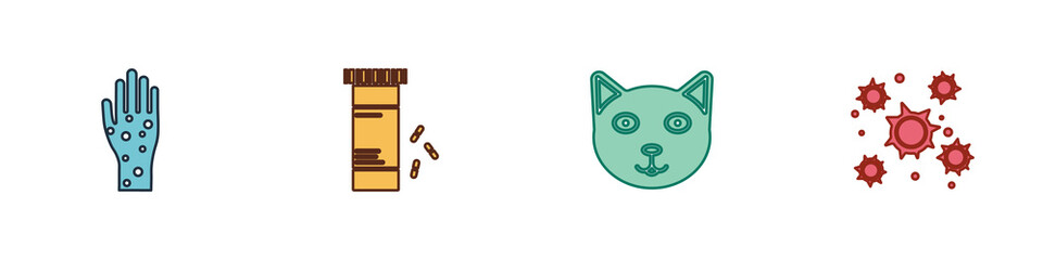 Set Hand with psoriasis or eczema, Medicine bottle pills, Pet and Bacteria icon. Vector.