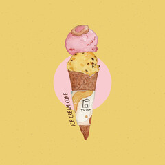 Ice-cream cone, hand draw watercolor.