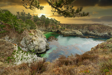 China Cove, Beach in Point Lobos State Natural Reserve, with rock and geological formations along the rugged Big Sur coastline, near Carmel and Monterey, CA. on the California Central Coast.
