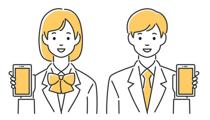 笑顔でこちらにスマホを見せる学生の男女