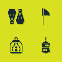 Set Rubber flippers for swimming, Fishing net with fish, Camping lantern and icon. Vector.