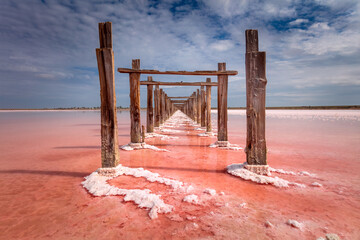 Minimalistic landscape - natural pink color of salt lake, Ukraine.