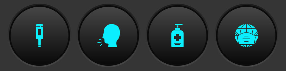 Set Medical thermometer, Man coughing, Liquid antibacterial soap and Earth with medical mask icon. Vector.