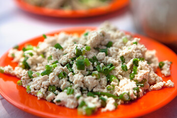 Cold bean curd in the jacinth plate